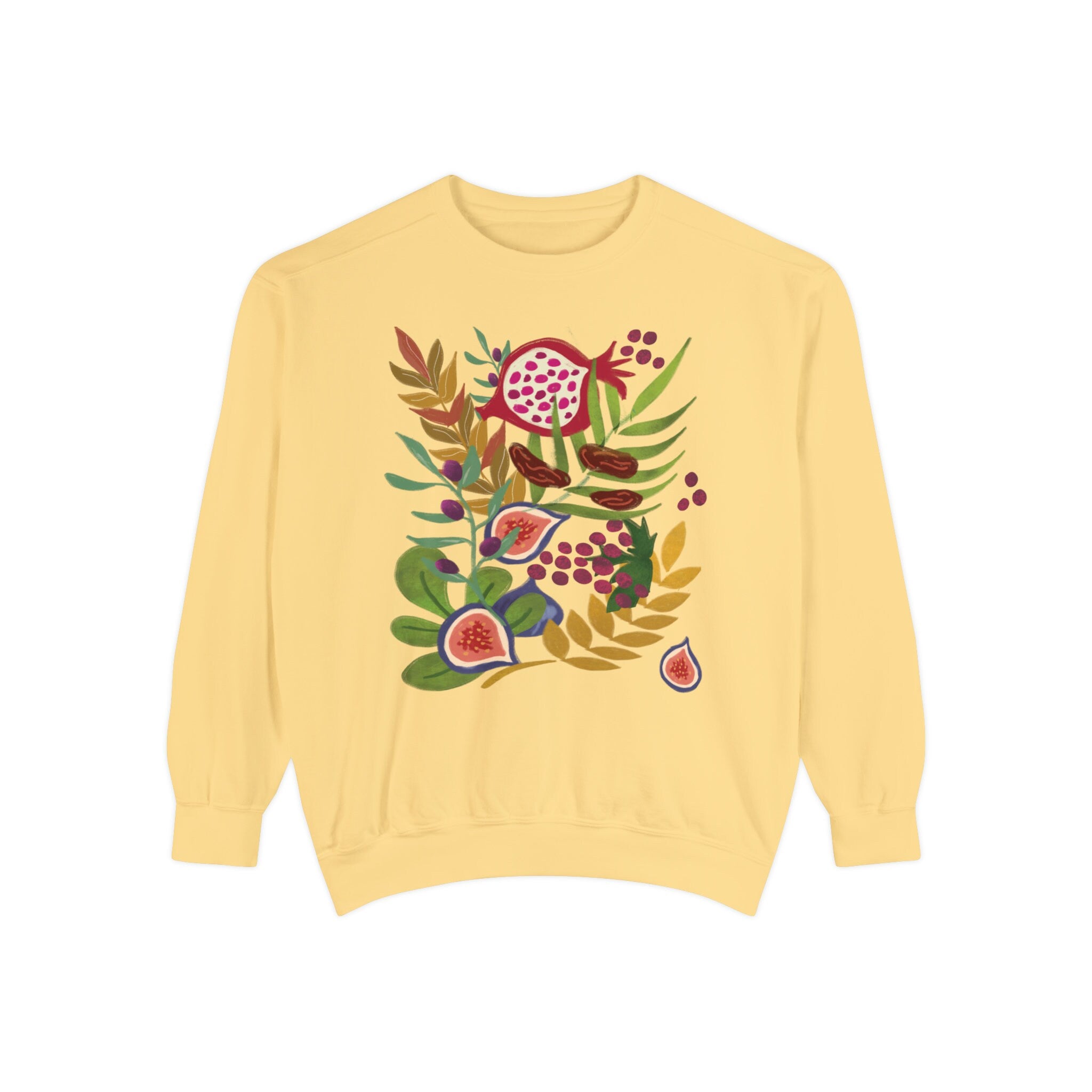 Fruits of Israel Sweatshirt 7 species fruit sweater woman jewish gift Israel Design Hanukkah Sweater Gift for her Garment-Dyed Sweatshirt