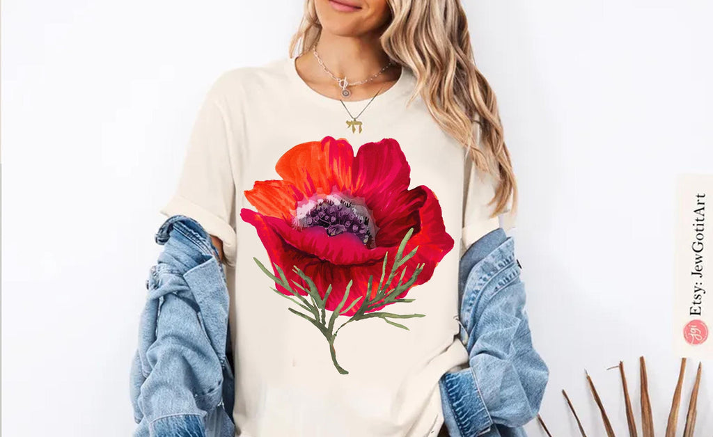 Kalanit Flower T-Shirt & Sweatshirt | Unisex Zionist Shirt | Israeli Artist Jewish Gift | Israel Pride Apparel Red poppy red flower Clothing