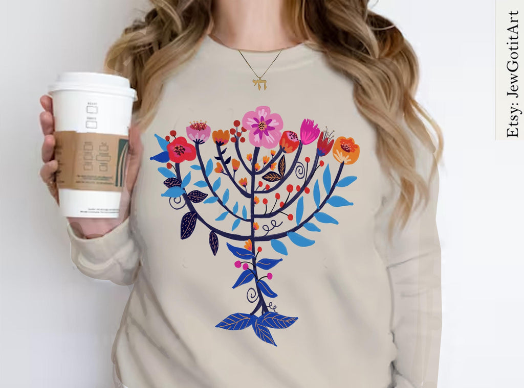 Hanukkah Menorah Kid Shirt | Unisex Chanukah Sweatshirt | Jewish Gift for Women & Men | Floral Art Tee by Israeli Artist | flower shirt
