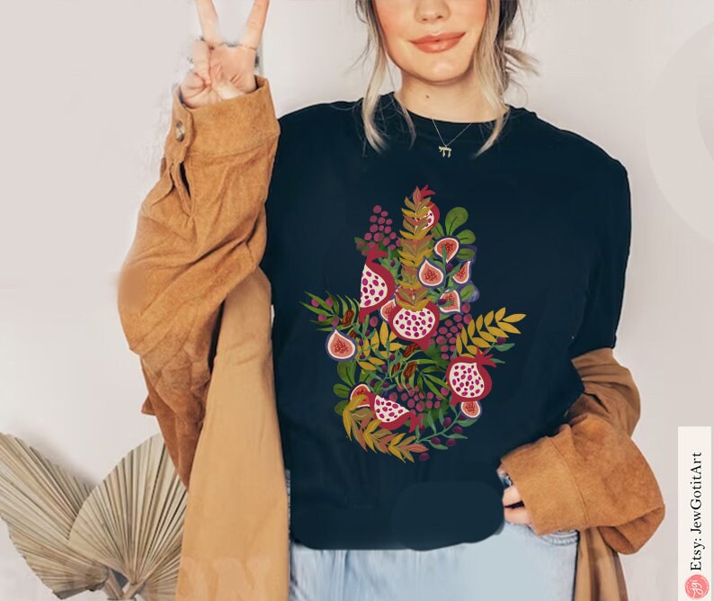 Hamsa Israel Fruits & Produce of Israel 7 species Israel fruit shirt woman shirt jewish gifts Israeli Artist Gift for her shirt Jewish Art