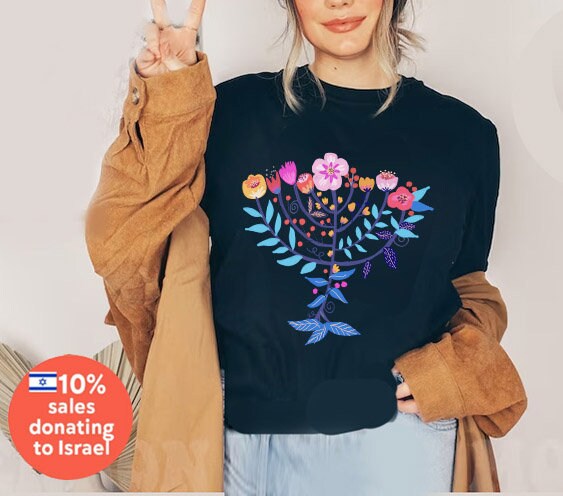 Hanukkah Flower Menorah Shirt Unisex Cotton Hanukkah Sweatshirt hanukkah gifts, Jewish gift, Israel art chanukah woman shirt flower tshirt
