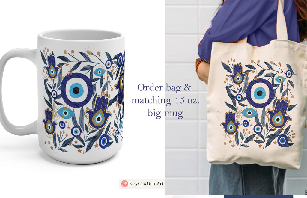 Evil Eye Hamsa Tote Bag Jewish Art Am Yisrael Chai jewish gift Israeli Artist Rosh Hashanah Jewish Holiday Gifts Art cotton bag Eyes Art