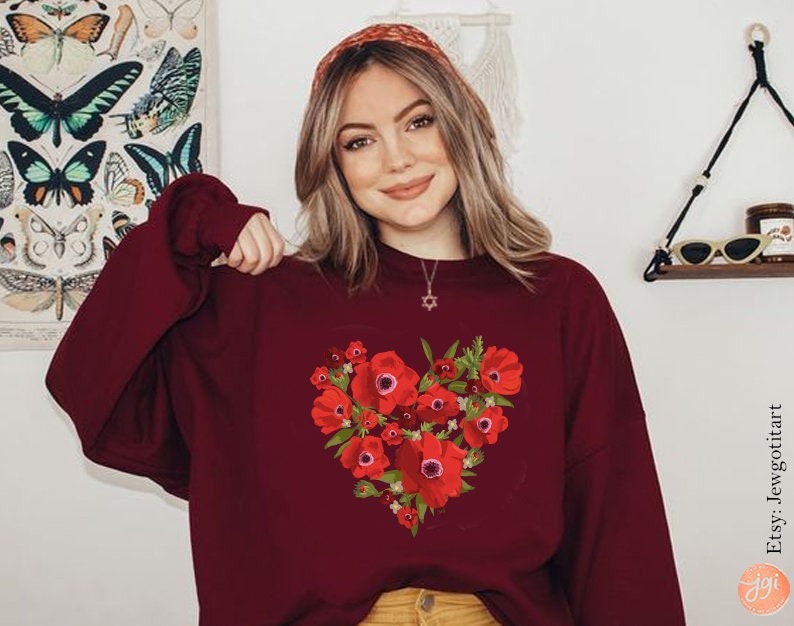 Israel Kalanit Heart Sweatshirt Red flowers flower sweater woman jewish gift Israeli Artist Sweater Gift for her Purim Hearts Jewish art
