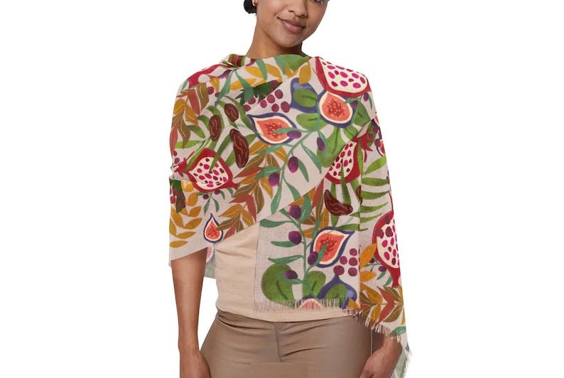 Palm Tree Dates Scarf Israeli Head Headwrap Flowers Scarves Women fabric Hair Cover Covering Jewish Israeli Artist Art Yisrael Chai Israel