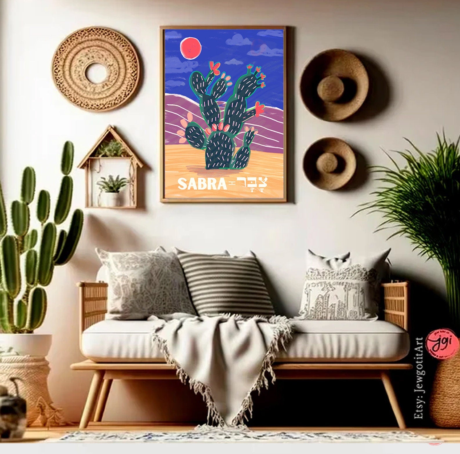 Sabra Cactus Israel Art Print Wall Art Poster Print Israel Jewish gift Hand drawn Flowers Art Yisrael Chai gifts Israeli Artist Desert Art