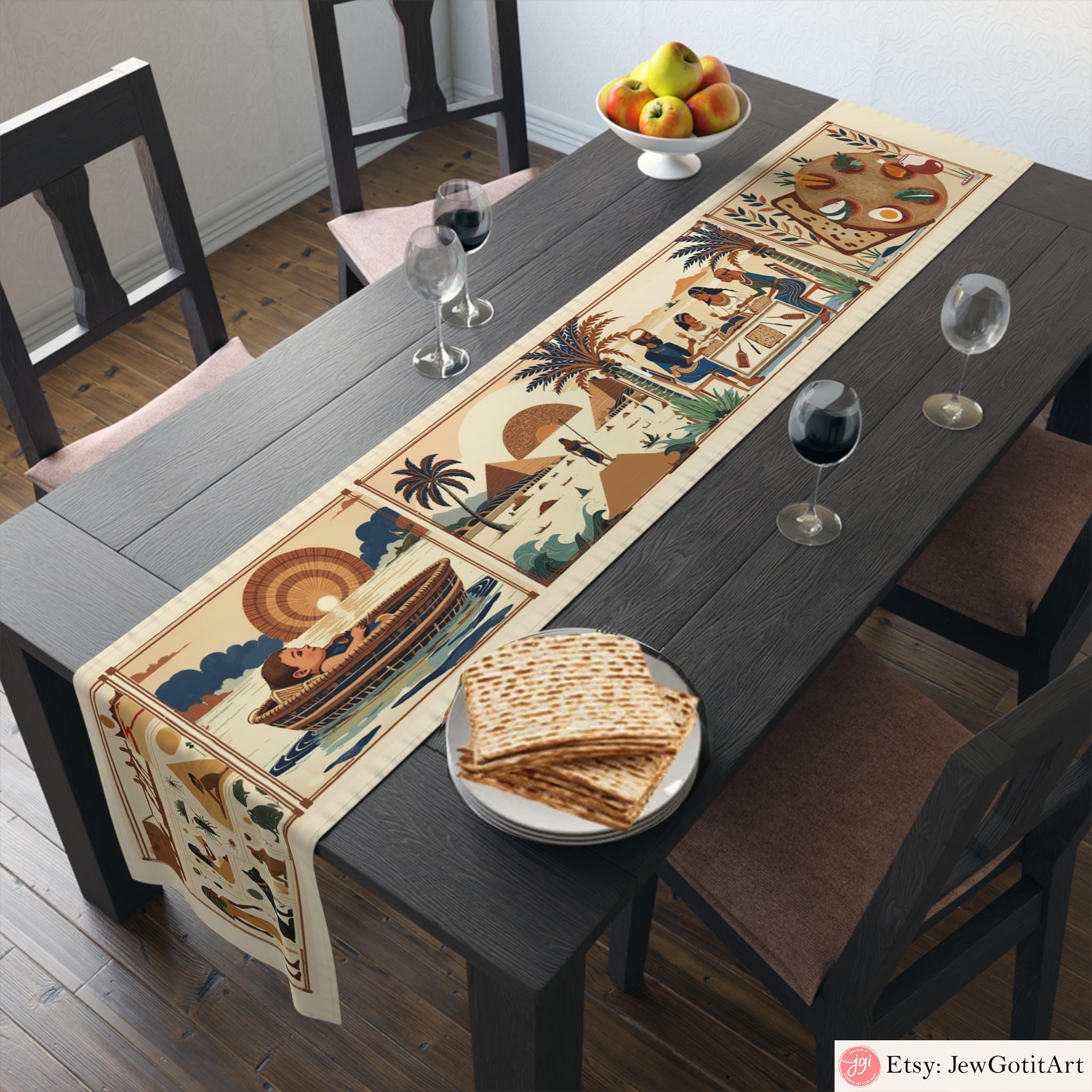 Passover Story Table Runner Egyptian Hieroglyphs Matzah Cover Afikomen Set Seder Table Decor with Ancient Egyptian Art Pesach Gifts Towel
