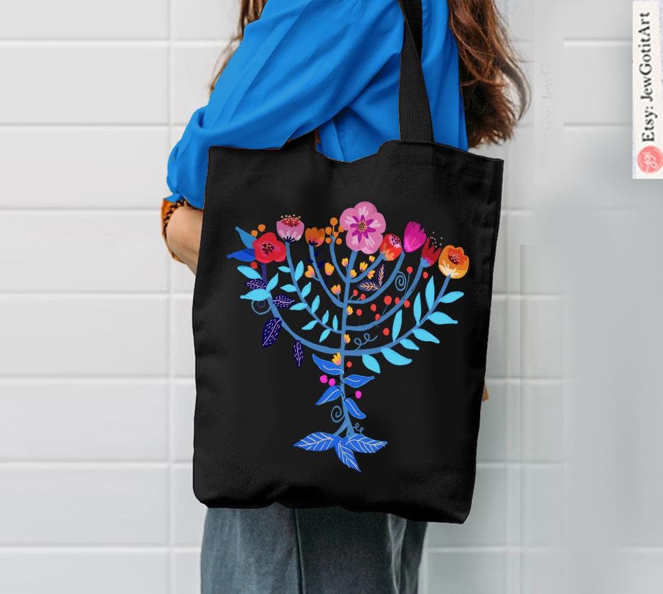 Menorah Hanukkah Tote Bag 15 oz Mug Floral Jewish Art Israeli Artist Am Yisrael Chai Gift Flowers Jewish gift Coffee Jewish Holiday Gifts
