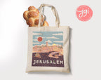 Vintage Jerusalem Tote Bag Hand drawn | Hebrew Jewish gift | Art bag, graphic bag, woman gift shopping everyday bag, shabbos, shabbat