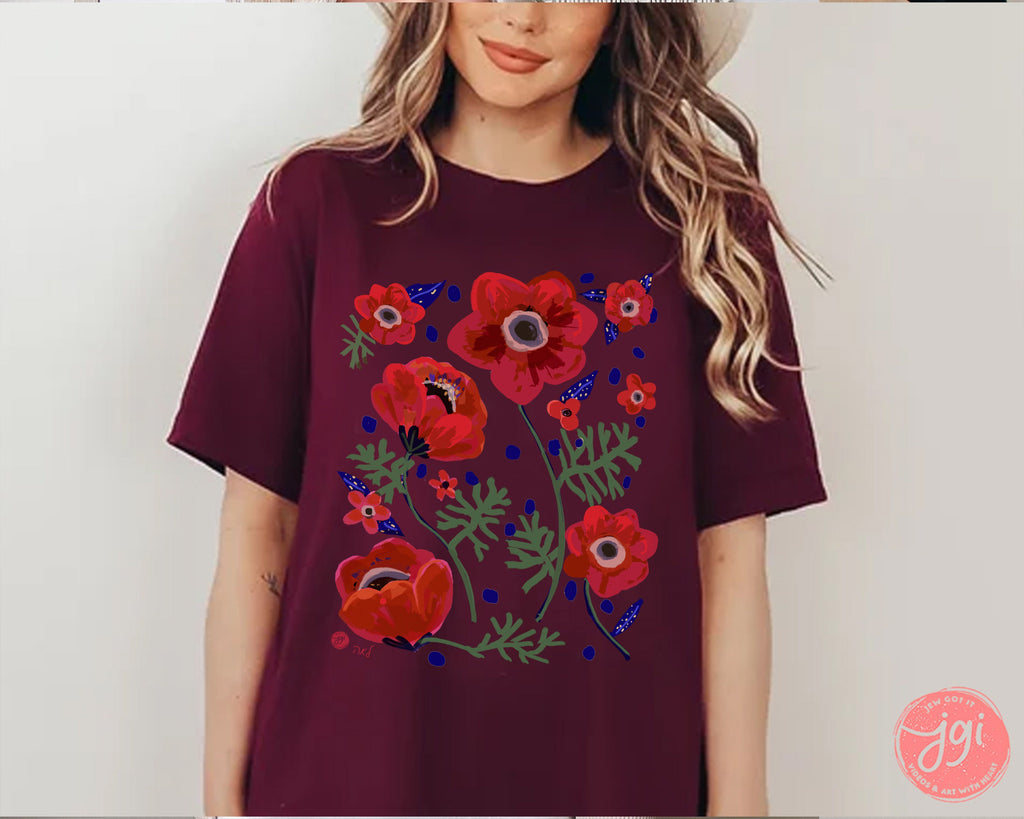 Kalanit Israel's National Flower Shirt Flowers TShirt Unisex Heavy Cotton Tee Red poppy art Women shirt gift gifts Israeli Artist Sweatshirt