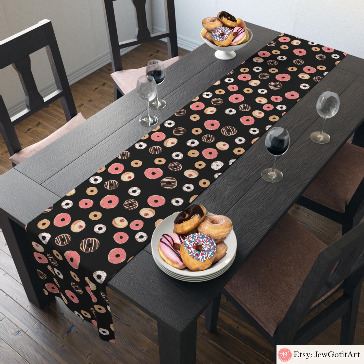 Hanukkah Donut Table Runner Chanukah Jewish gifts Jewish holiday Israel Donuts Art Dessert jewish art table decor, custom personalized gift