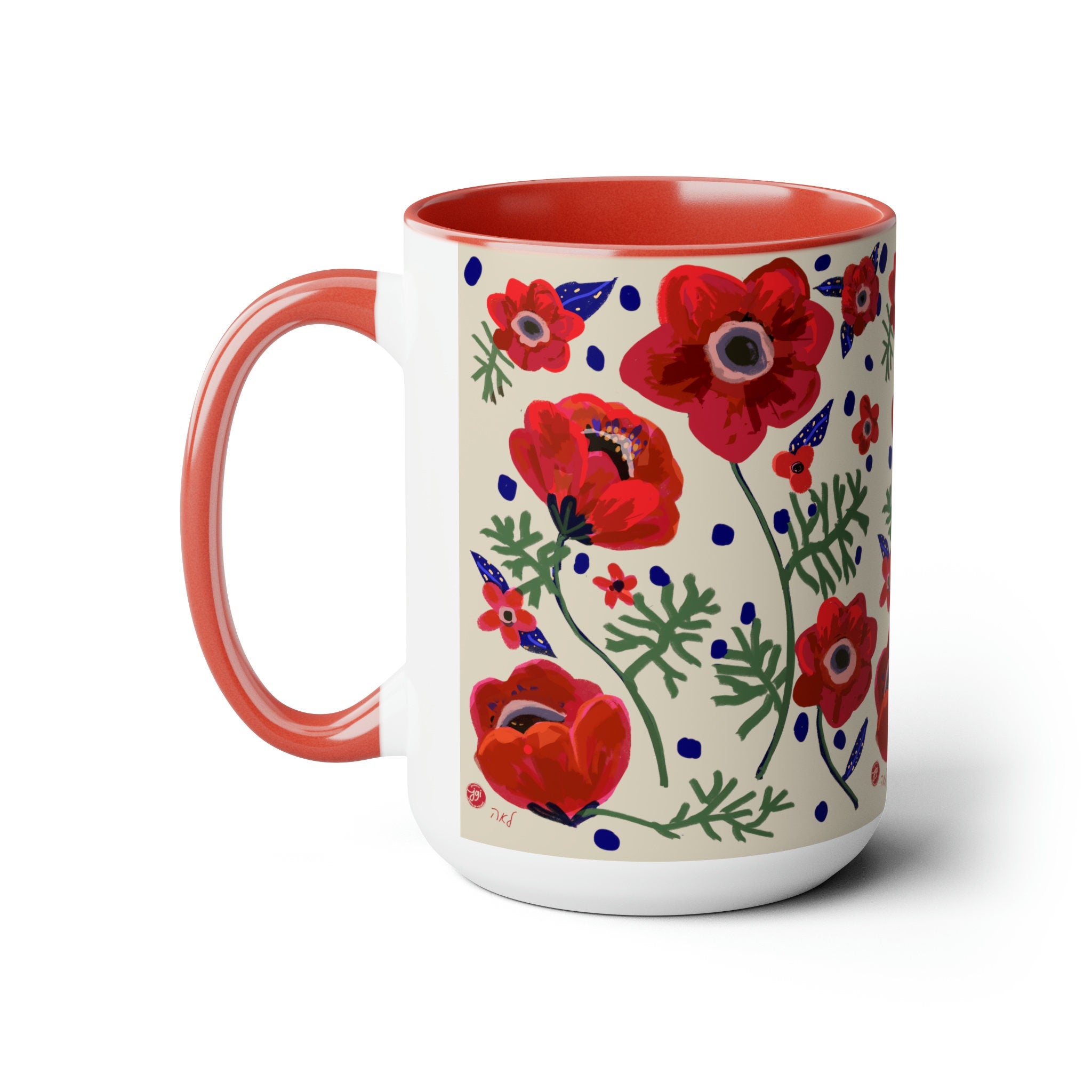 Flower of Israel Mug, Kalanit tea cup coffee Ceramic Mug 11oz 15oz work morning mug Jewish gift israeli Artist Red flowers Israeli Artist
