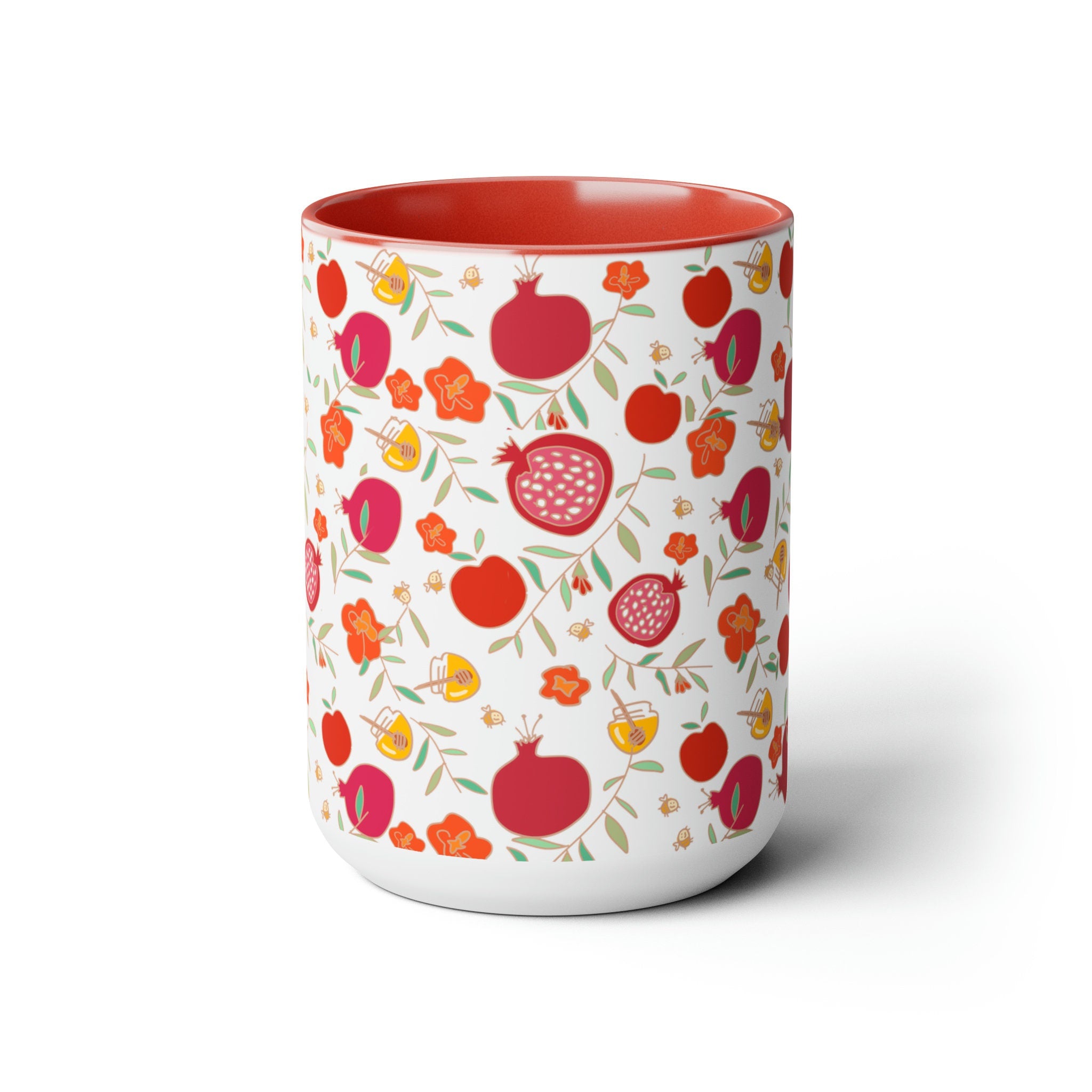 Rosh Hashanah Mug, Apple honey Pomegranate art, Jewish gift, Two-Tone Coffee Mugs, 15oz, coffee mug, fruit mug, coffee lover, red mug