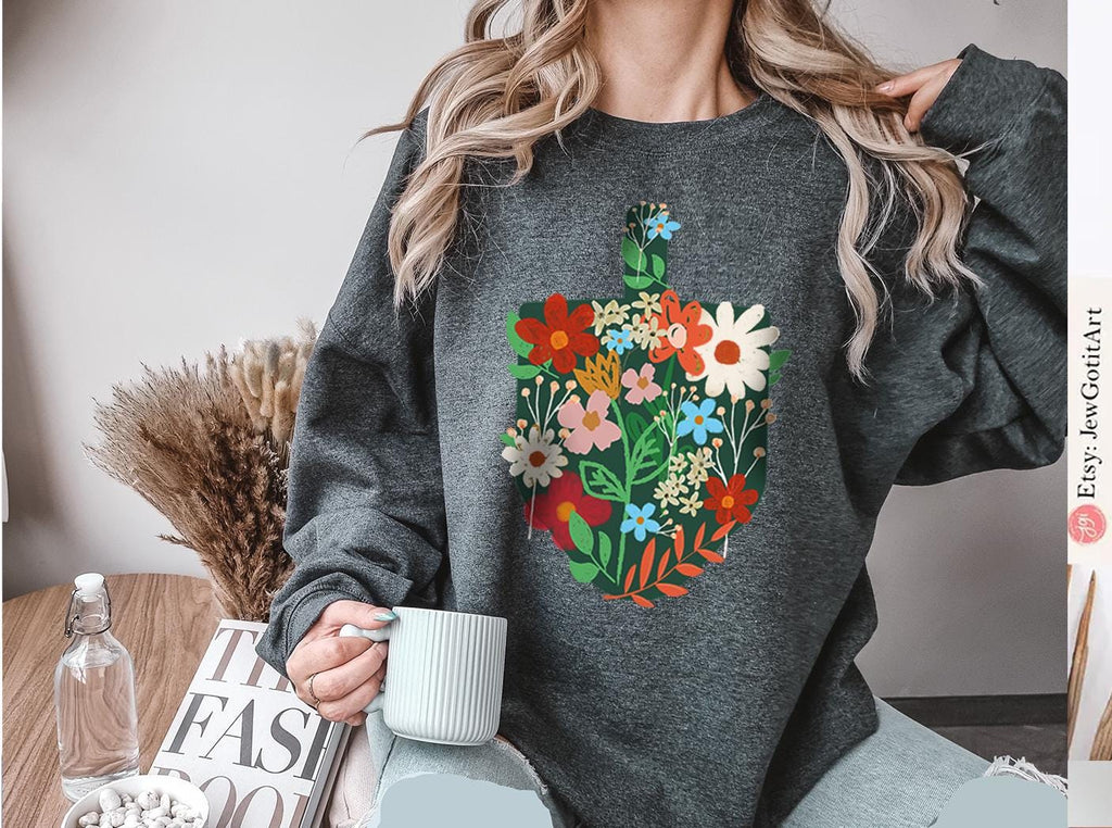 Hanukkah Dreidel Sweater Tshirt unisex Flowers Art sweatshirt woman jewish gift Israel Jewish Shirt Chanukah Israeli Artist Holiday Dreidels