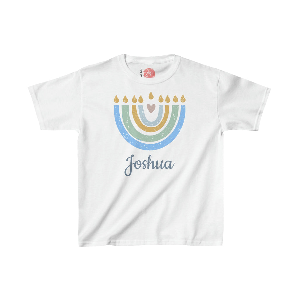 Personalized Hanukkah Shirt with Menorah, add name, custom gift, tshirt, shirt Kids Heavy Cotton Tee, hanukkah gifts, shirt designs, israel
