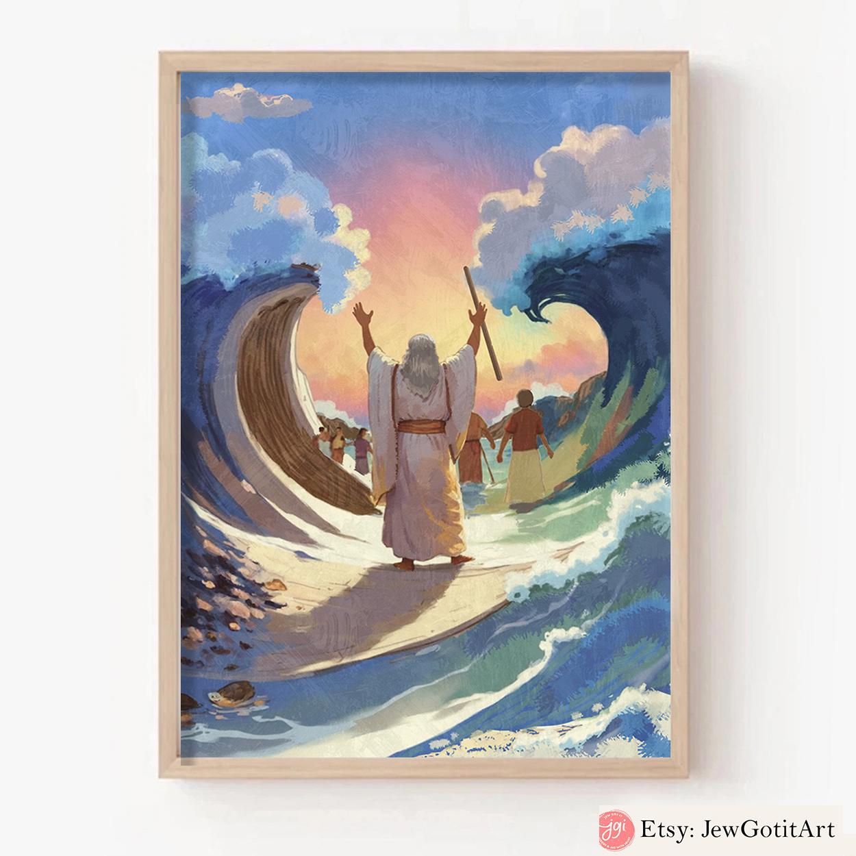 Red Sea Splitting Wall Art Moses Passover Israel Art Jewish Poster Framed Art Biblical Artwork Home Office Decor Red Sea Split Pesach Gifts