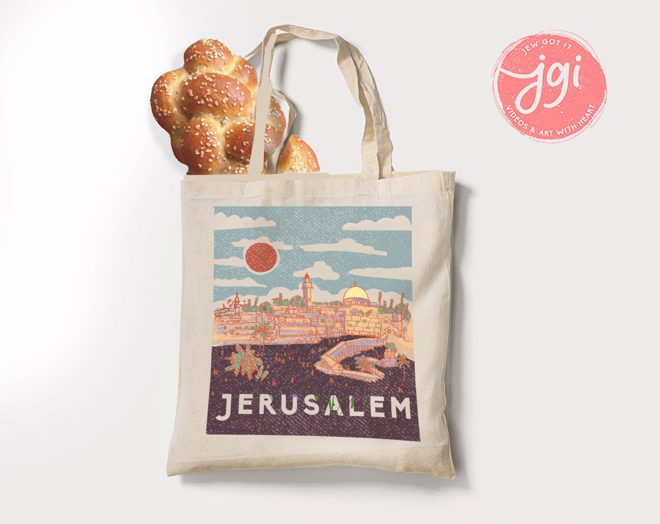 Jerusalem Vintage Tote Bag Hand drawn | Hebrew Jewish gift | Art bag, graphic bag, woman gift shopping everyday bag, shabbos, shabbat