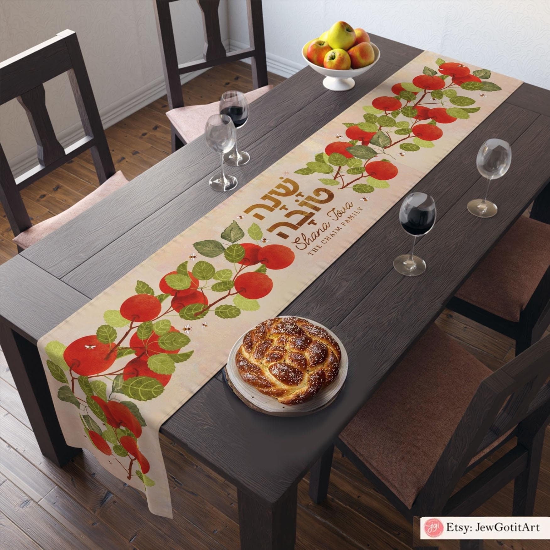 Personalized Shana tova Apple & Bees Table Runner Honey Jewish gifts holiday Israel Rosh Hashanah jewish gift Israel dinner table custom