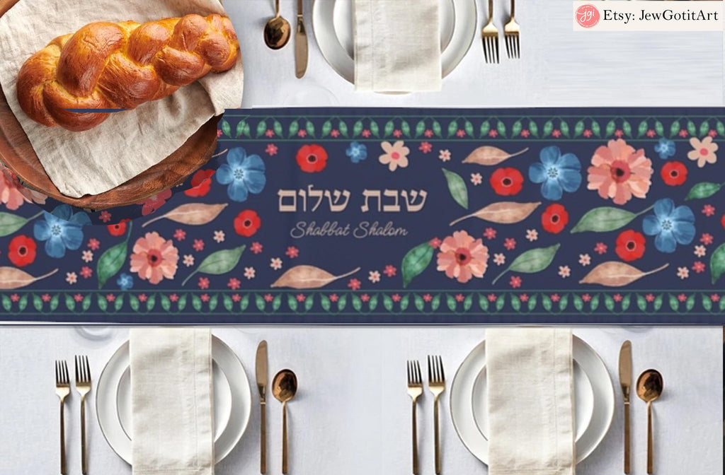 Shabbat Shalom Challah Cover Table Runner Floral Kalanit Design Jewish Gifts Decor Am Yisrael Chai Kalanit Flowers Israeli Personalized Gift
