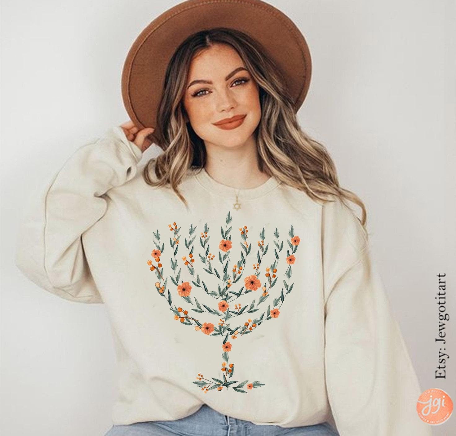Menorah Hanukkah Shirt Sweater T-Shirt Unisex Floral Art Sweatshirt Jewish Gift from Israeli Artist Israel Jewish Chanukah Israeli Artist