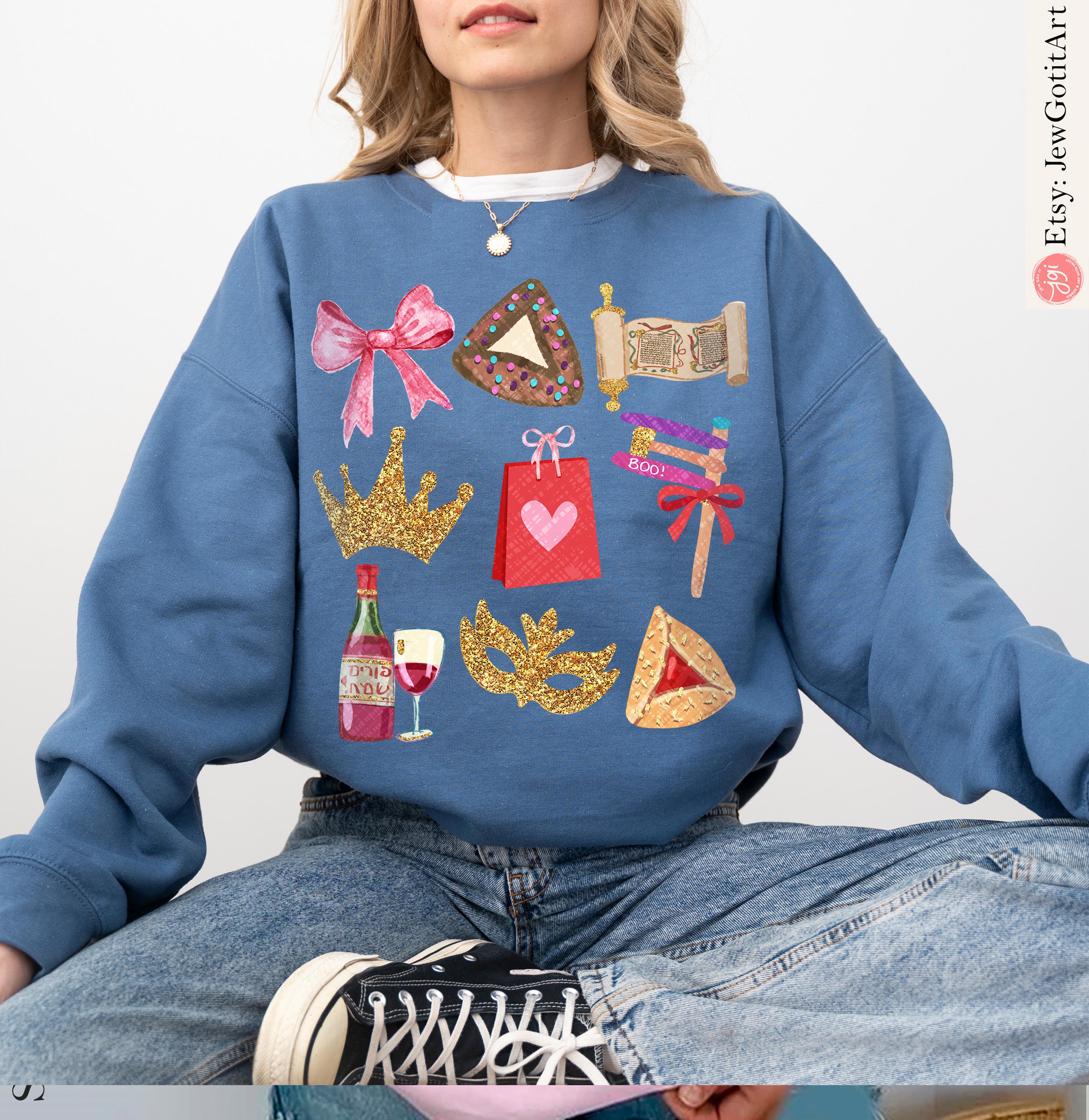 Purim T-Shirt Costume Israeli Artist Jewish Gift Israel Pride Apparel Sweatshirt Am Yisrael Chai Purim Costume Coquette Bows Hamantaschen