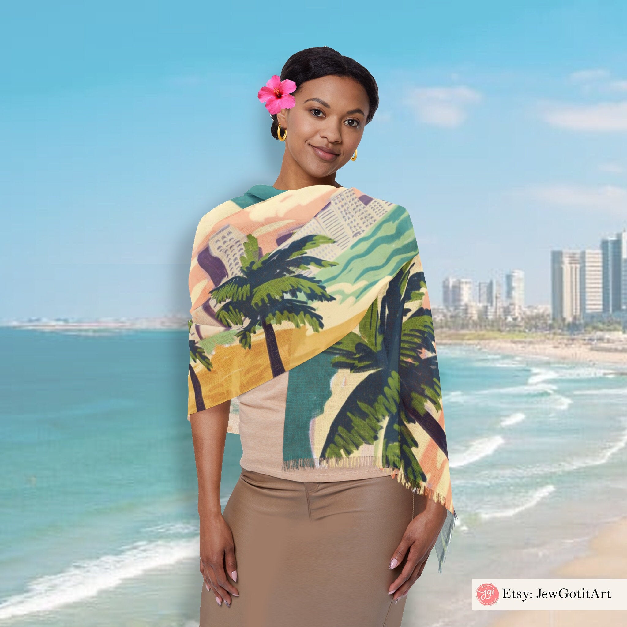 Tel Aviv Beach Scarf Israel Head Headwrap Scarves Women fabric Hair Cover Covering Jewish Israeli Artist Art Am Yisrael Chai Jewish Gifts