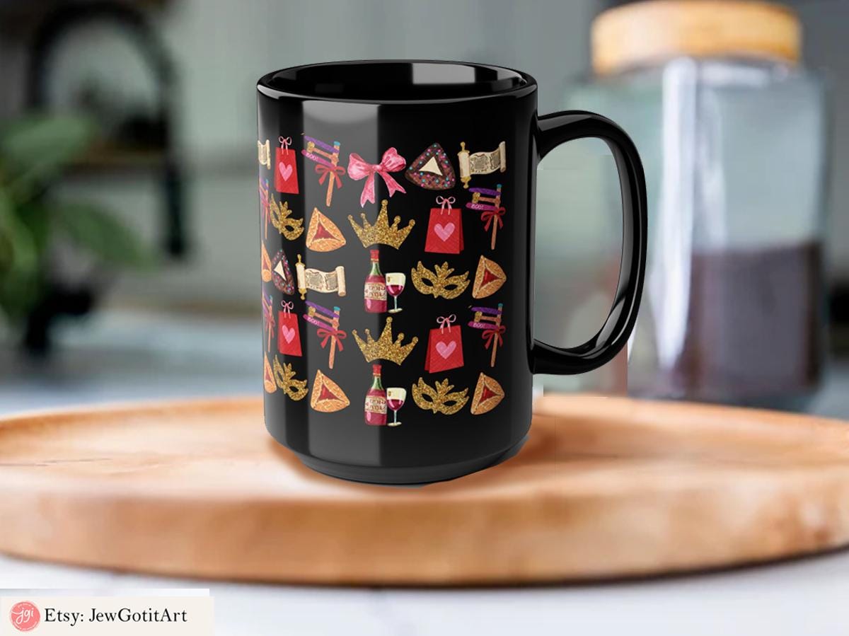 Purim Mug Tote Bag Mishloach Manot Mug 11oz 15oz Hamantaschen Art Jewish Gift by Israeli Artist Ceramic Coffee Mugs Am Yisrael Chai Wine Art
