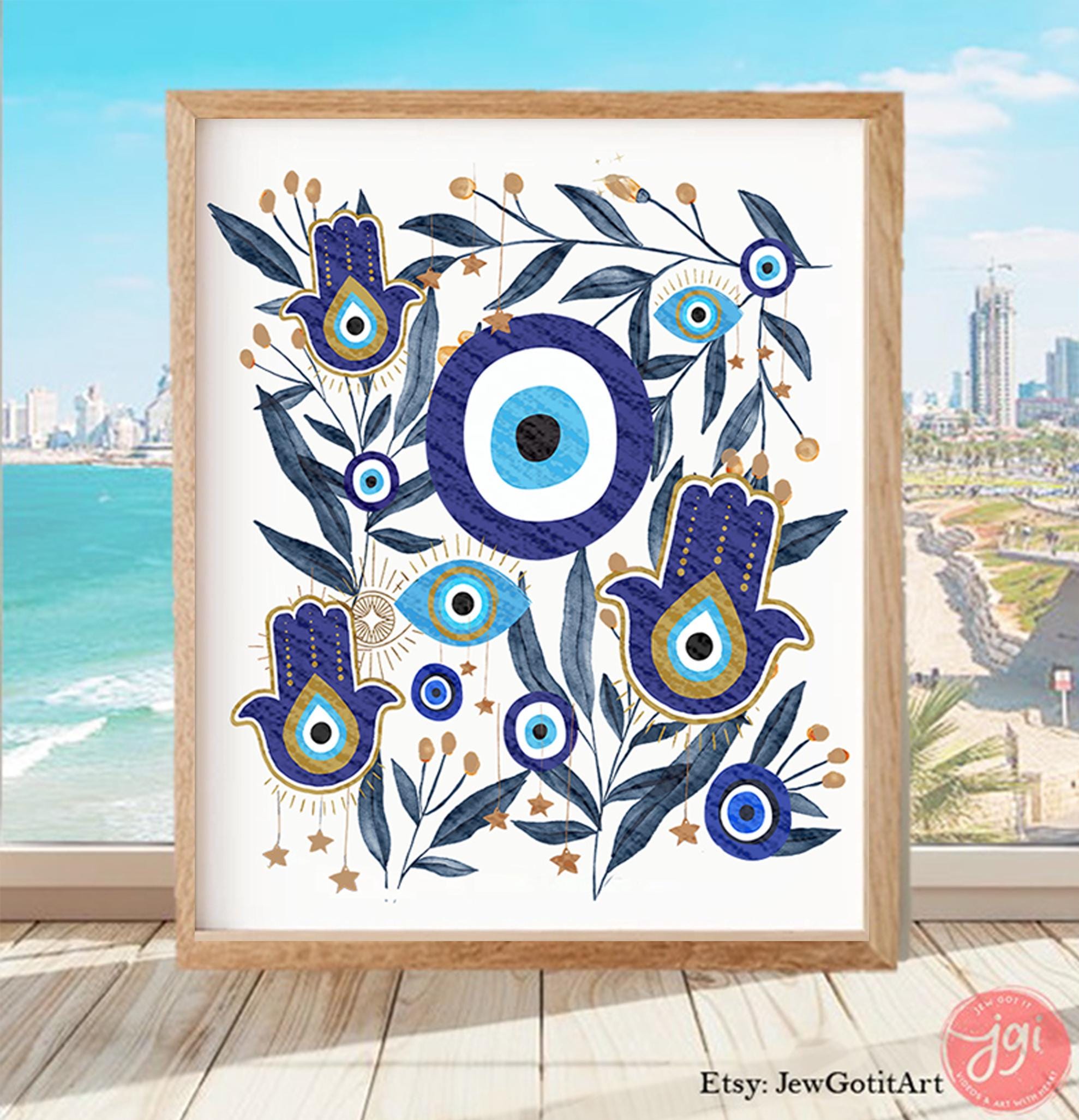 Evil Eye Hamsa Wall Art Print Hamsa Hand Am Yisrael Chai jewish gift Israeli Artist Rosh Hashanah Gift Jewish Gifts Art Poster Eyes Art