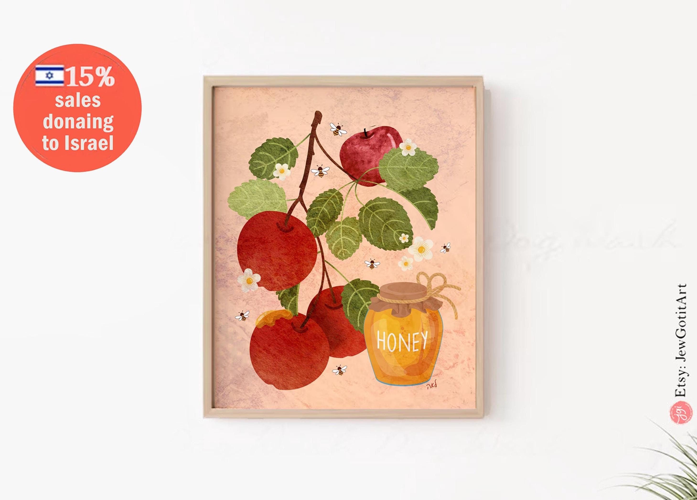 Apples Honey & Bees Art Rosh Hashanah Shana tova Wall Poster Print Israel Jewish gift Israel poster Prints Orange Tel Aviv Am Yisrael gifts