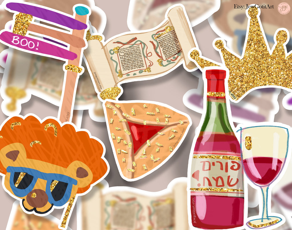 Purim Sticker Set Hamantaschen wine mask grogger crown megillah Hamantaschen jewish gift Israeli Jewish Israel Israeli Artist gifts decor