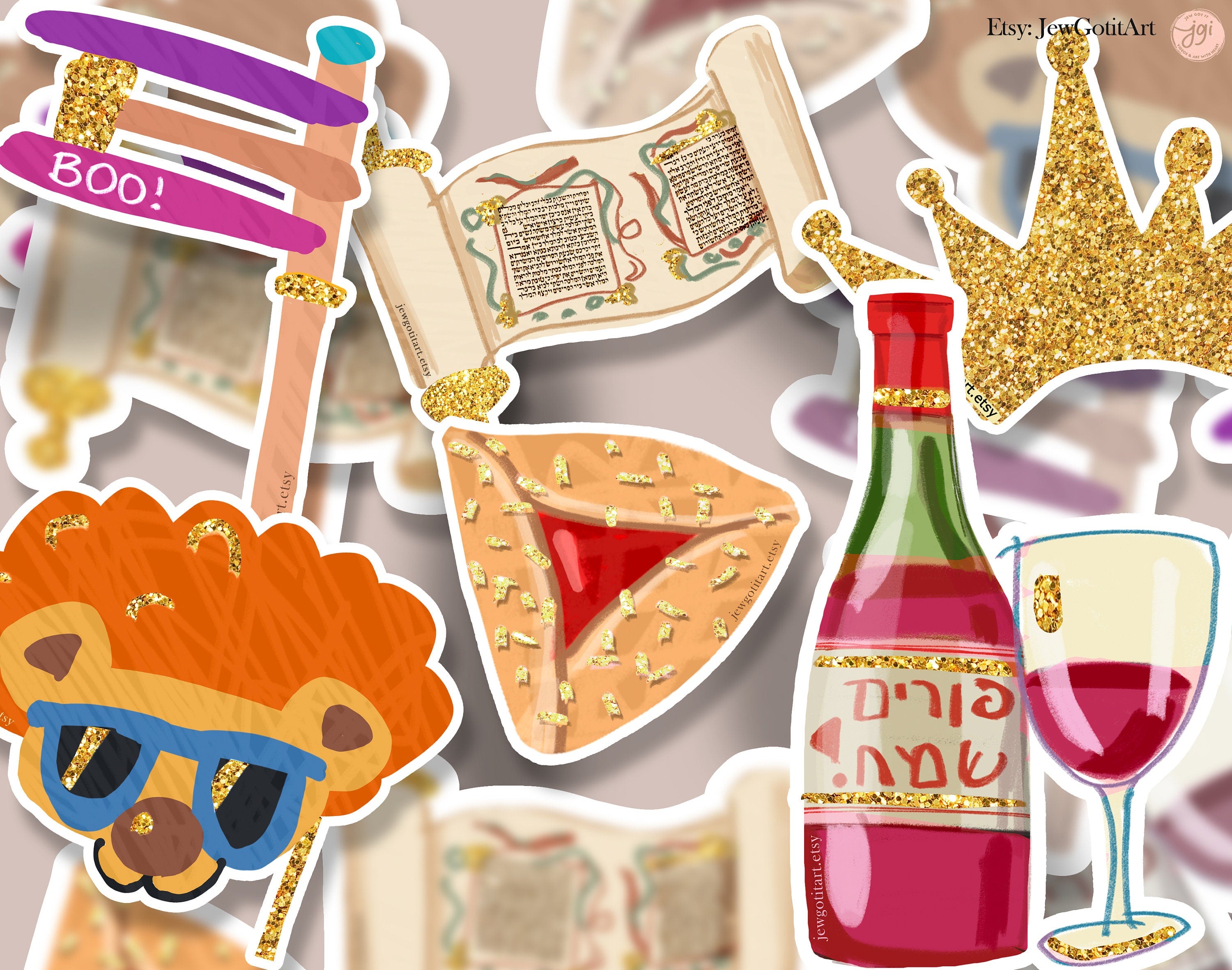 Purim Sticker Set Hamantaschen wine mask grogger crown megillah Hamantaschen jewish gift Israeli Jewish Israel Israeli Artist gifts decor
