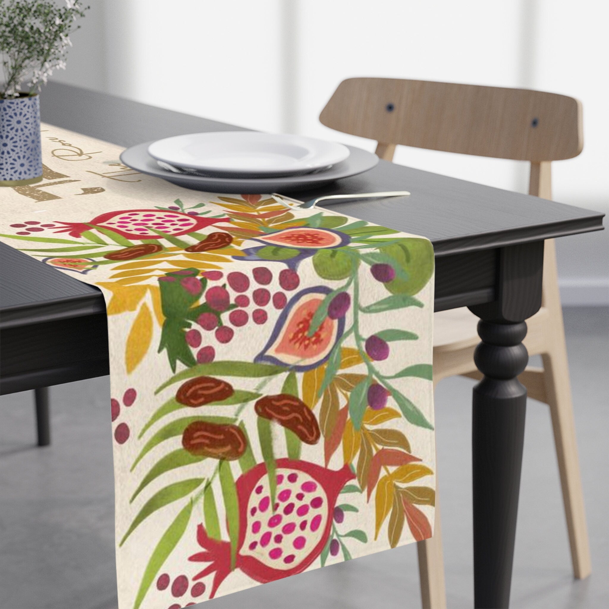 Shana Tova Table Runner, Rosh Hashanah Jewish gift Jewish holiday Israel 7 species apple honey, jewish art, table decor, custom personalized