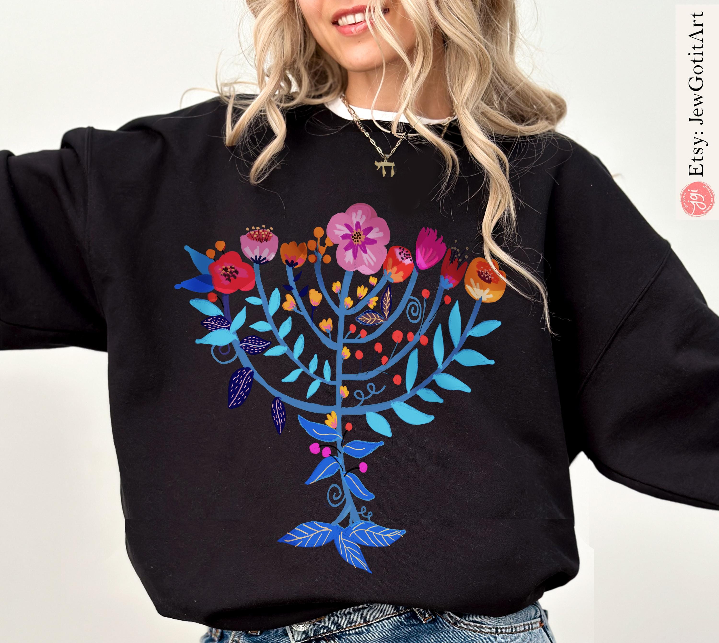Hanukkah Menorah Sweater T-Shirt Unisex Floral Art Sweatshirt | Jewish Gift from Israeli Artist Israel Jewish Shirt Chanukah Israeli Artist