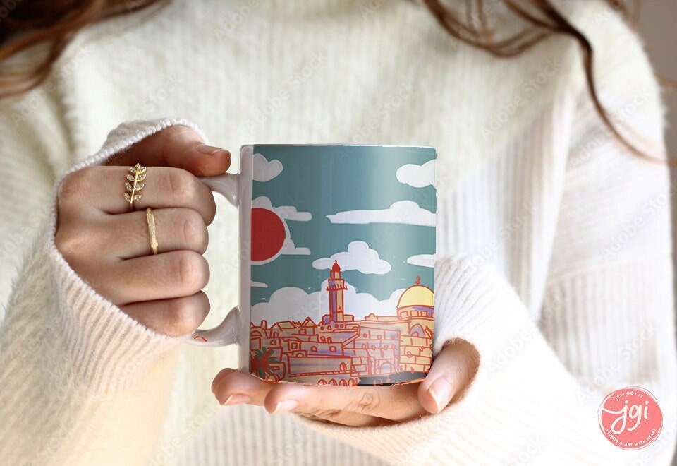 Jerusalem Mug Israel art drawing, tea cup, coffee cup, Ceramic Mug 11oz 15oz work mug, morning mug Jewish gift, coffee mug, Jerusalem, gift