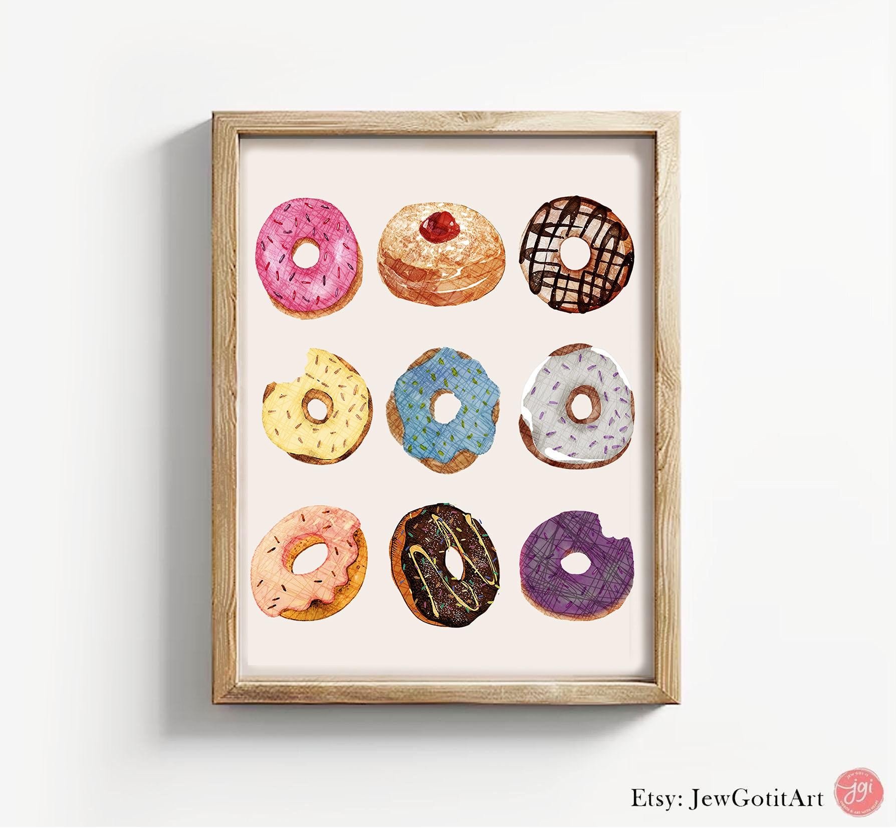 Hanukkah Wall Art Jelly Donut Art Poster: Food Art Framed Art Jewish Gift, Israeli Design Chanukkah