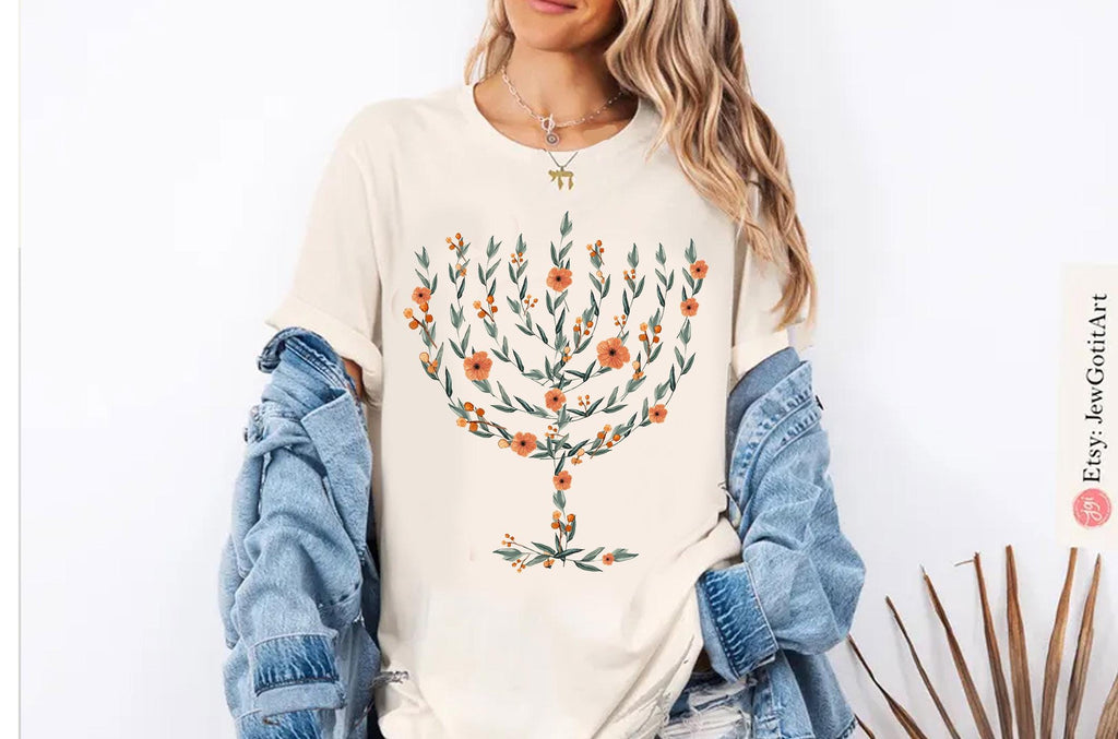 Menorah Hanukkah Hoodie Sweater T-Shirt kid Floral Art Sweatshirt Jewish Gift Israeli Artist Israel Jewish Shirt Chanukah Israeli Artist