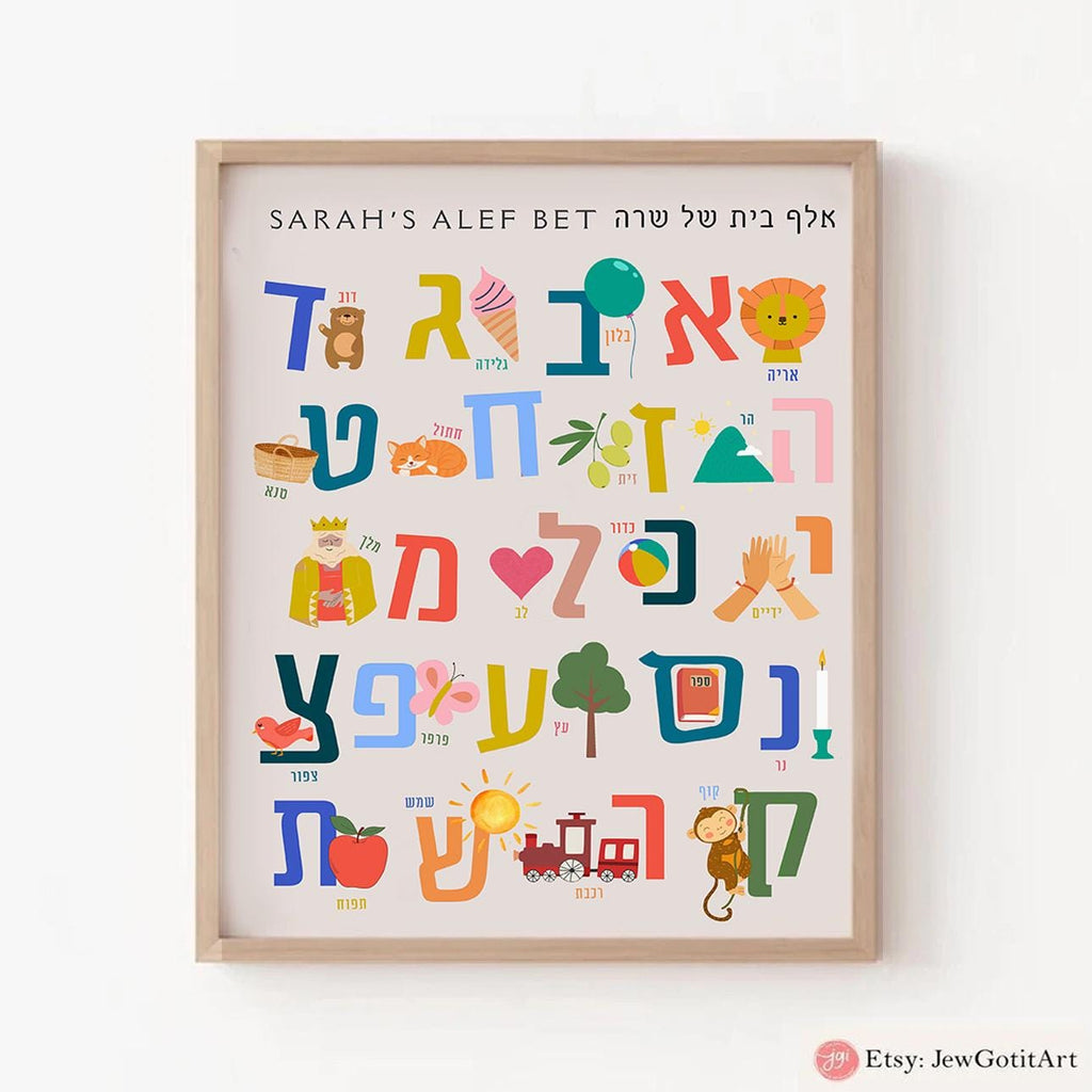 Alef Bet Hebrew Wall Art Jewish Alphabet Poster Am Yisrael Chai Print Israel Art Kids Room or School Decor Judicia Personalized Jewish Gift