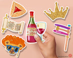 Purim Sticker Set Hamantaschen wine mask grogger crown megillah Hamantaschen jewish gift Israeli Jewish Israel Israeli Artist gifts decor