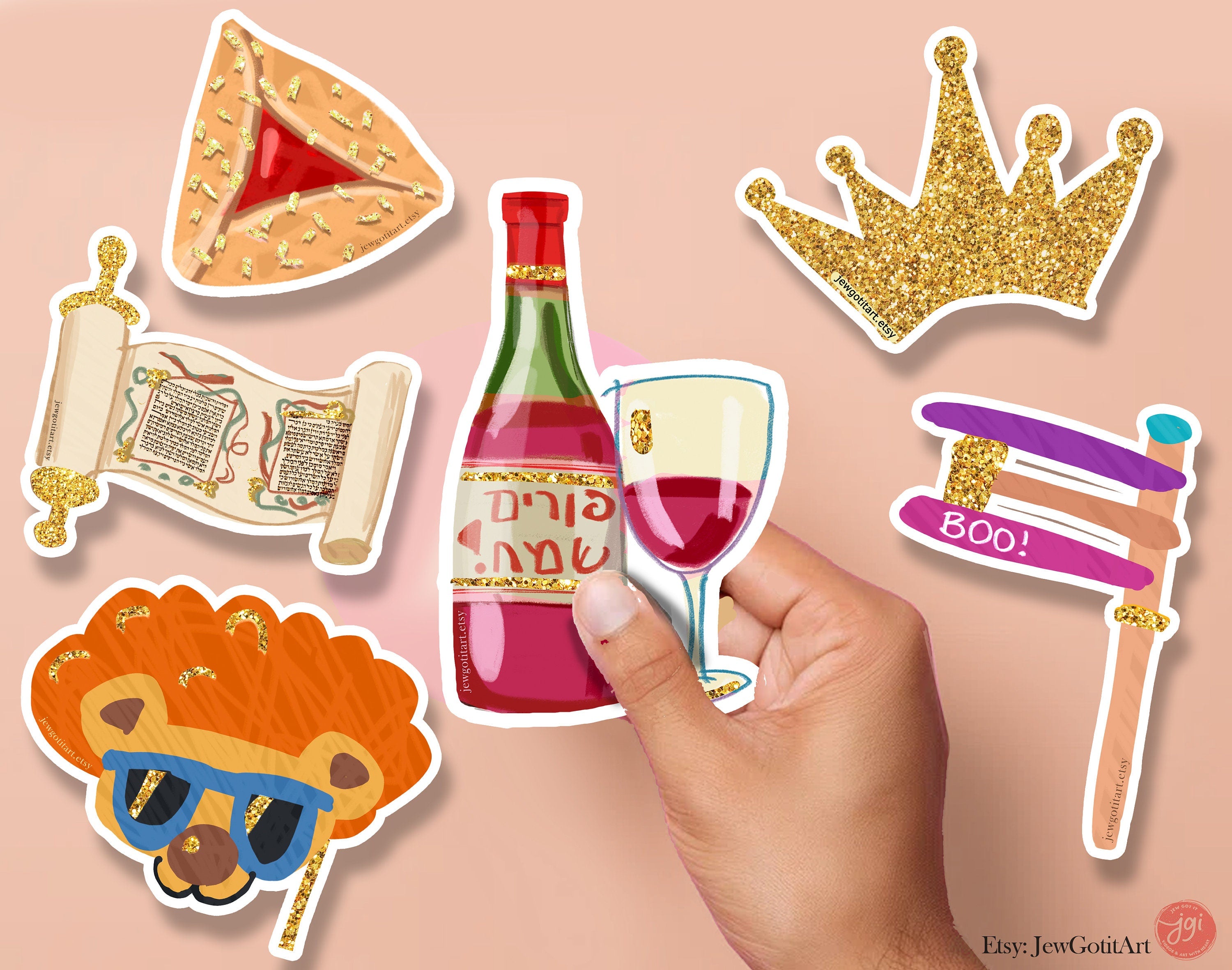 Purim Sticker Set Hamantaschen wine mask grogger crown megillah Hamantaschen jewish gift Israeli Jewish Israel Israeli Artist gifts decor