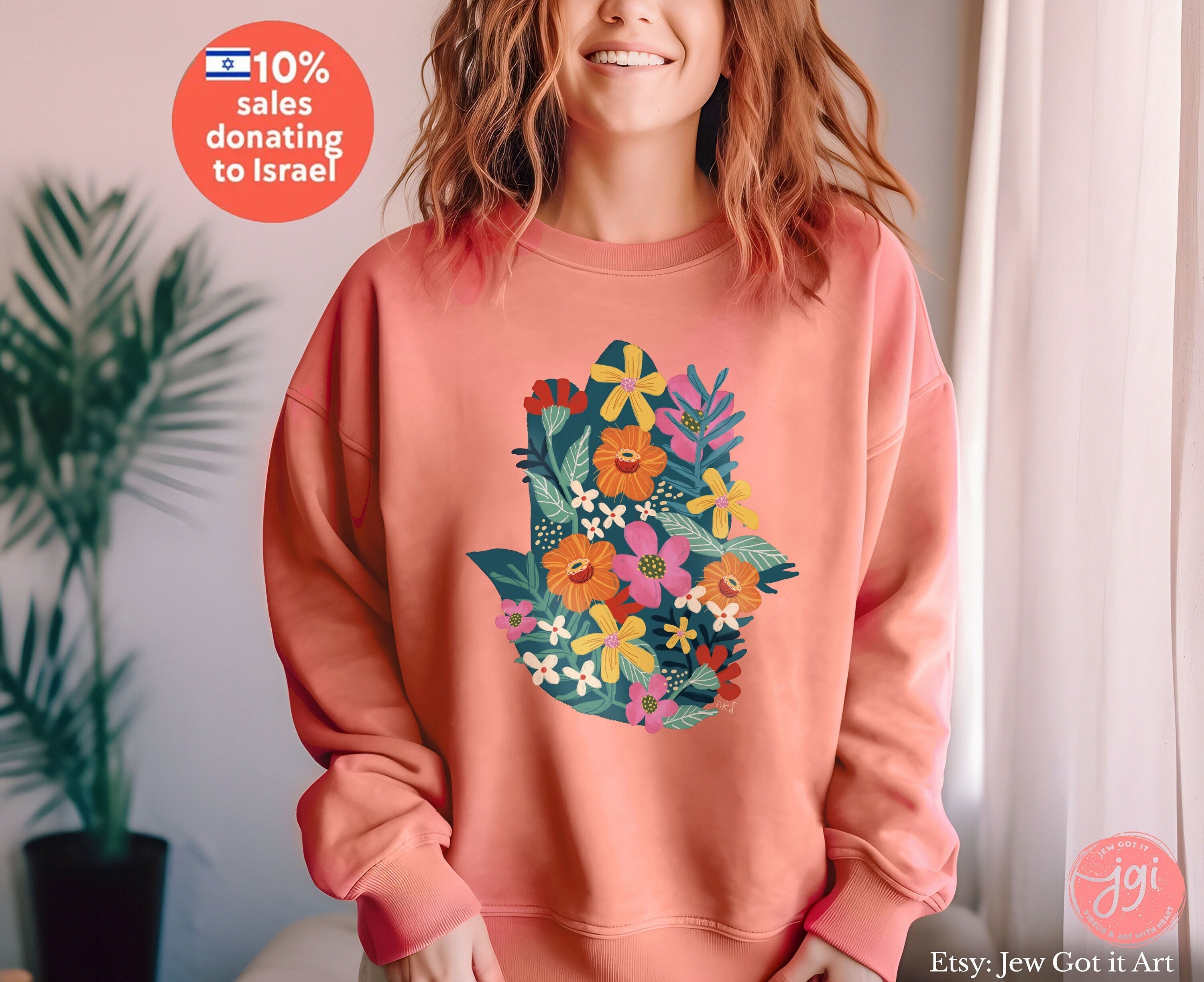 Flower Hasma Sweater Sweatshirt Jewish Gift Hebrew shirt woman clothes Israeli Israel art women trendy, Vintage Inspired Unisex Flowers gift