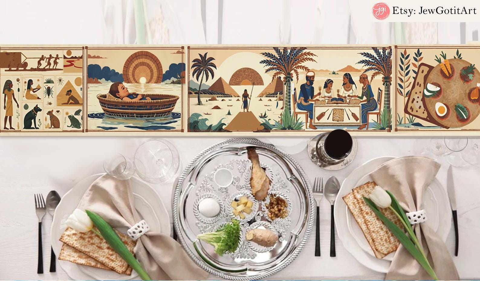 Passover Story Tablecloth, Table Runner Egyptian Hieroglyphs Matzah Cover Afikomen Set Seder Table Decor Egyptian Art Pesach Gifts Towel