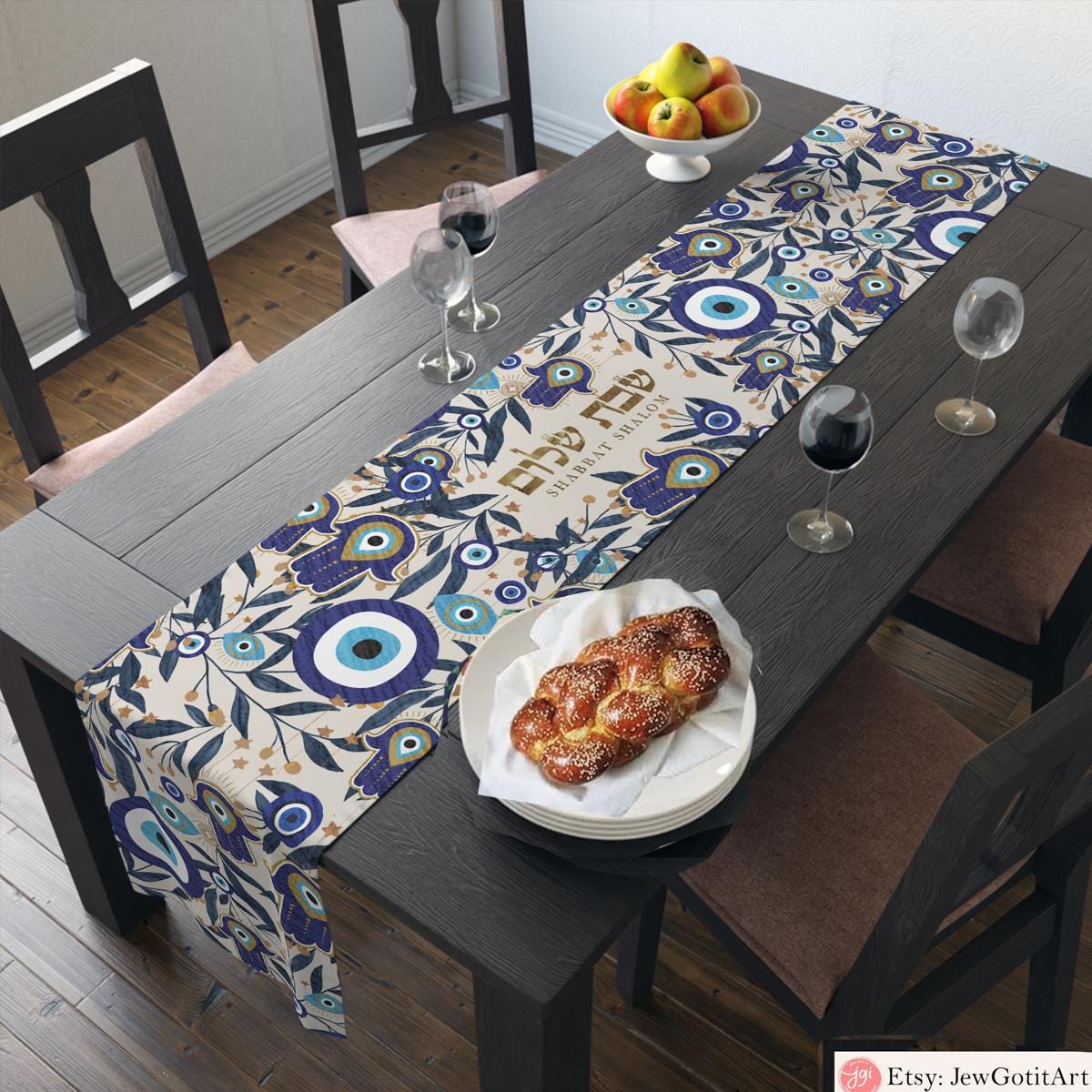 Personalized Shabbat Table Runner Challah Cover Evil Eye Hamsa Custom Jewish Gift Shabbat Shalom Table Decor Judaica Jewish Gift Hamsa Art
