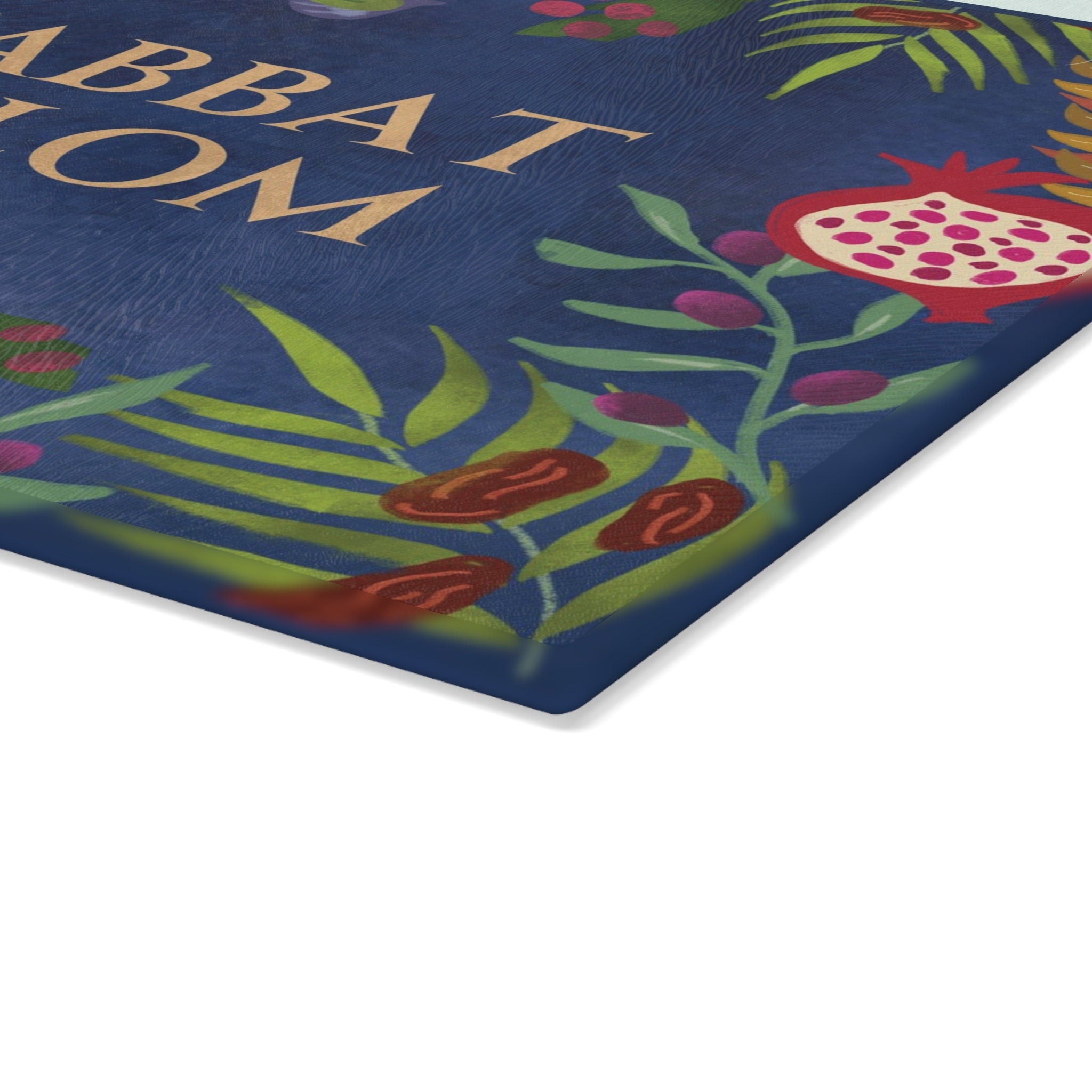 Personalized Challah Cutting Board Shabbat Shalom Glass 7 Species of Israel Hand drawn art jewish gift Israeli artist Israeli shabbos gifts