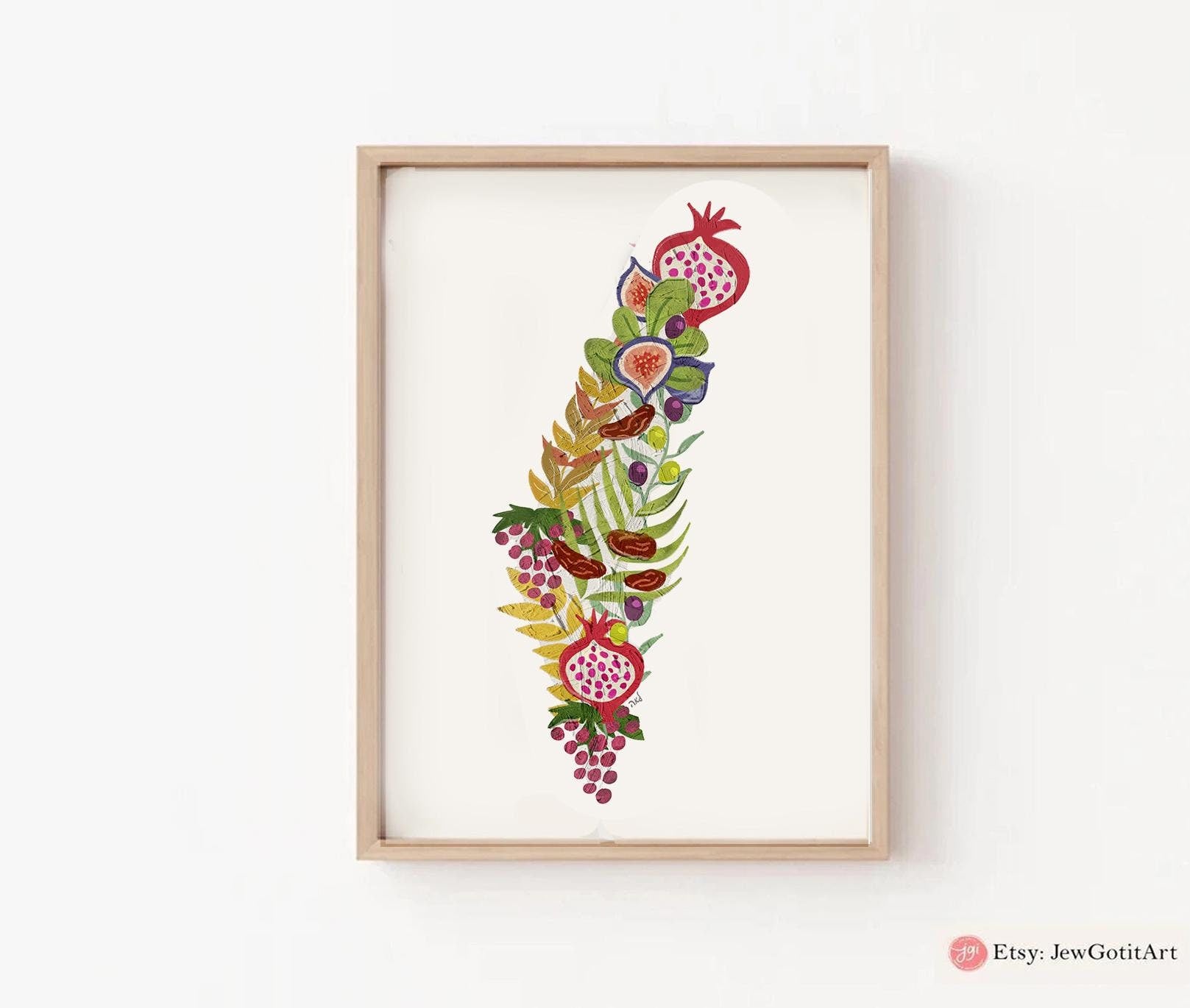 7 Species Israel Wall Art | State of Israel Shape Poster Print | Jewish Art Gift | Hand Drawn Fruit Design Israel Flag  Am Yisrael Chai