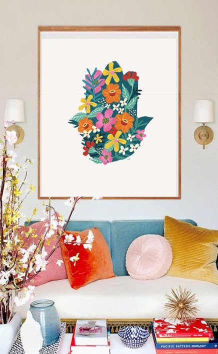 Hamsa Wall Art Poster Print Jewish Israel Art gift Hand drawn Israel poster Prints Hebrew gift Am Yisrael Chai gifts arts Flower art flowers