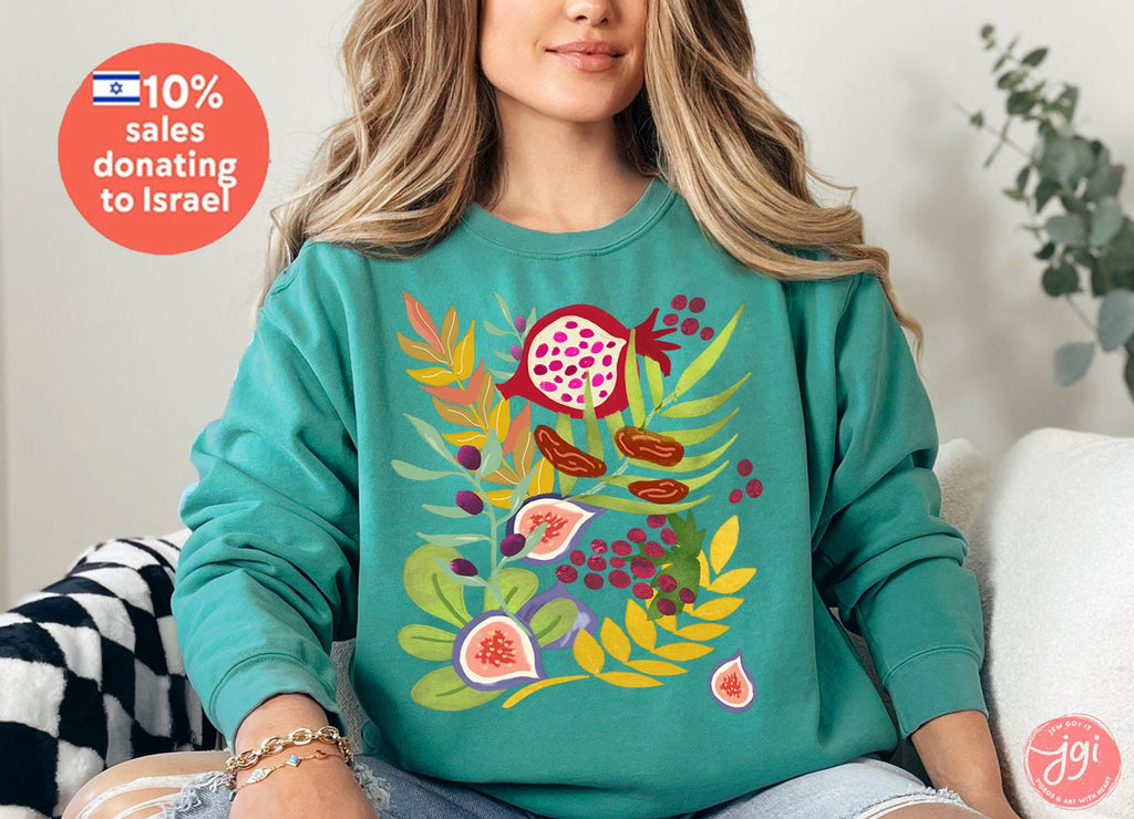 Fruits of Israel Sweatshirt 7 species fruit sweater woman jewish gift Israel Design Hanukkah Sweater Gift for her Garment-Dyed Sweatshirt