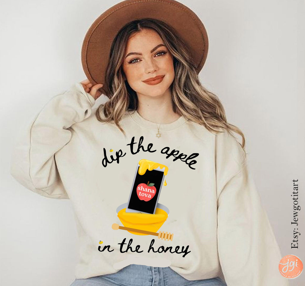 Dip Apple phone in Honey Shana Tova Kid Shirt Rosh Hashanah Sweatshirt onesie tshirt gift Jewish New Year kid gifts