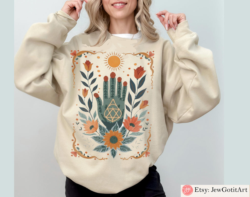 Hamsa Sun Graphic Tee | Jewish Israeli Artist Shirt | Am Yisrael Chai Israel Art T-Shirt Purim Shirt Passover Boho Jewish Apparel Sweatshirt