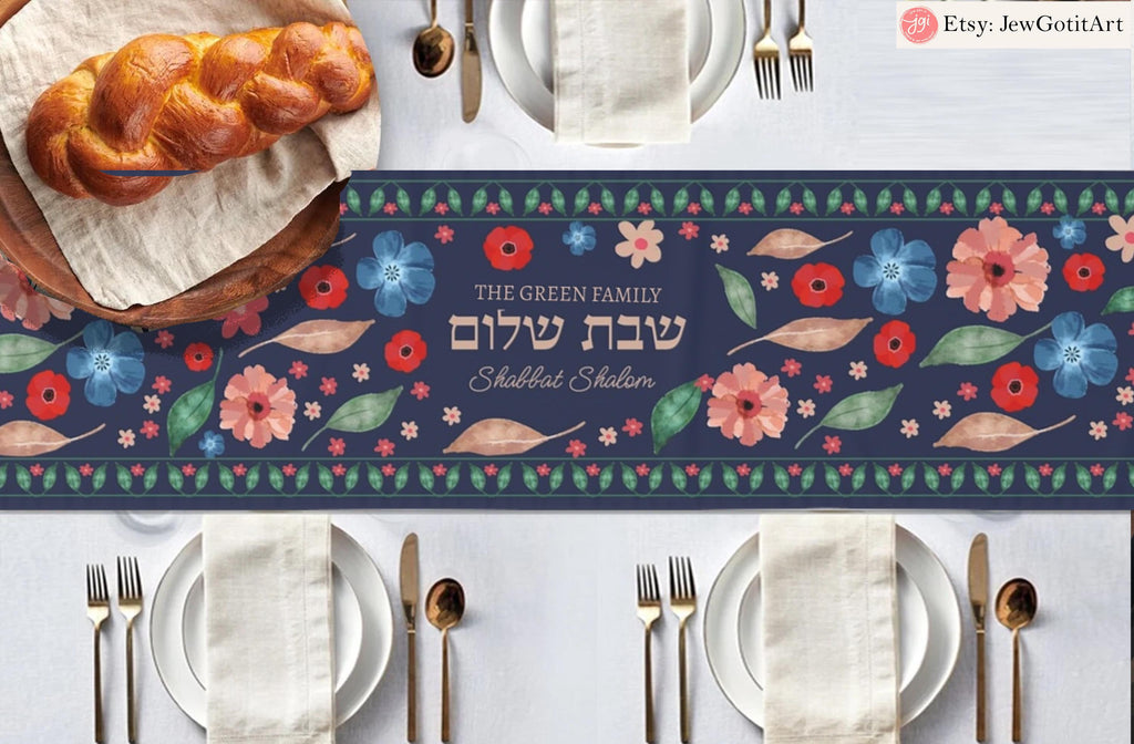 Shabbat Shalom Table Runner Floral Kalanit Design Jewish Gifts Holiday Decor Am Yisrael Chai Kalanit Flowers Israeli Personalized Gift