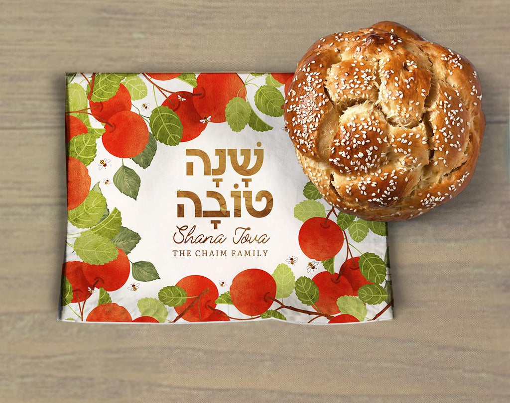 Rosh Hashanah Challah Cover Apple Honey Bee Israel Art Rosh Hashana Jewish Holiday Art Israeli Artist Table Decor Bread covering Shabbat