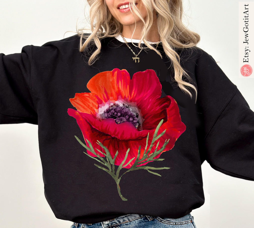 Kalanit Flower Hoodie Sweatshirt T-Shirt Unisex Zionist Shirt Israeli Artist Jewish Gift | Israel Pride Apparel Red poppy red flower Sweater
